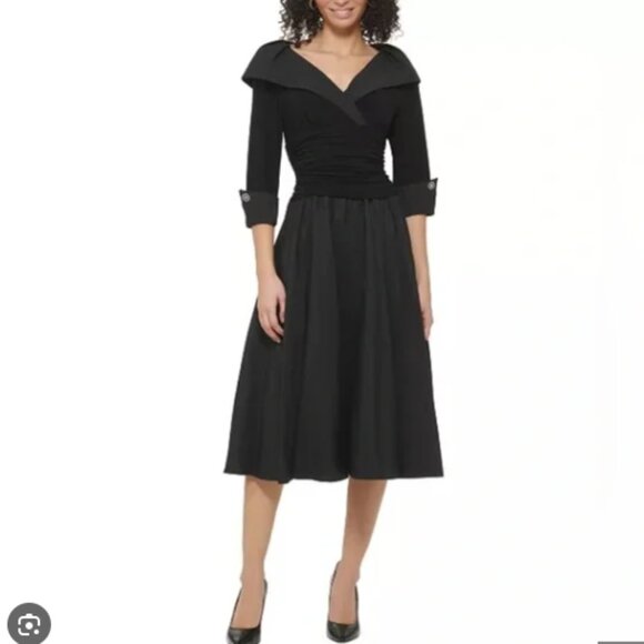 Joseph Ribkoff Fit & Flare Jeweled Cuff Black Midi Dress Size 12 Cocktail Formal - Picture 1 of 15